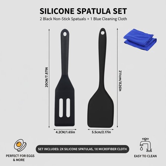Spatels van siliconen en microvezeldoek, hittebestendig, smalle raclette- en koekjesschep, keukenspatel met gatdesign, zwart — afbeelding 2