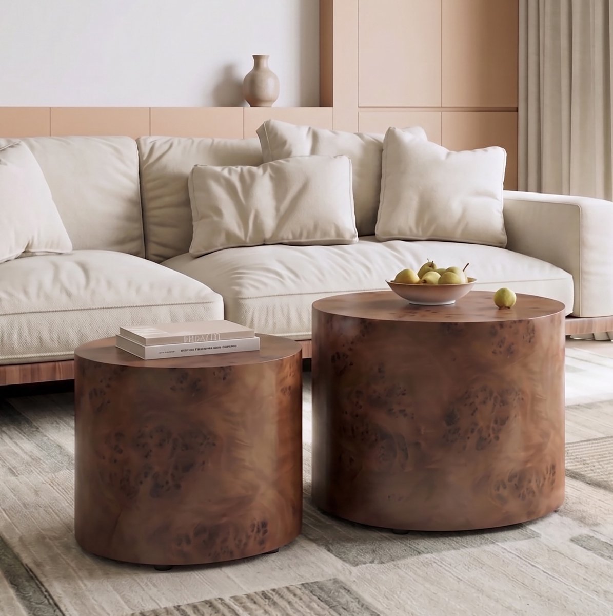 REDOM Set van 2 salontafels - Rond nestbaar ontwerp - MDF met houten fineer - Matte afwerking - Moderne stijl - Donkerbruin - Ø 48 x 38 cm