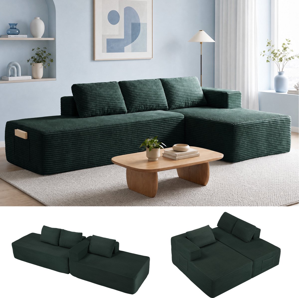 COMHOMA Hoekbank 255 cm - Corduroy L-vorm met Slaapfunctie - Groen-L