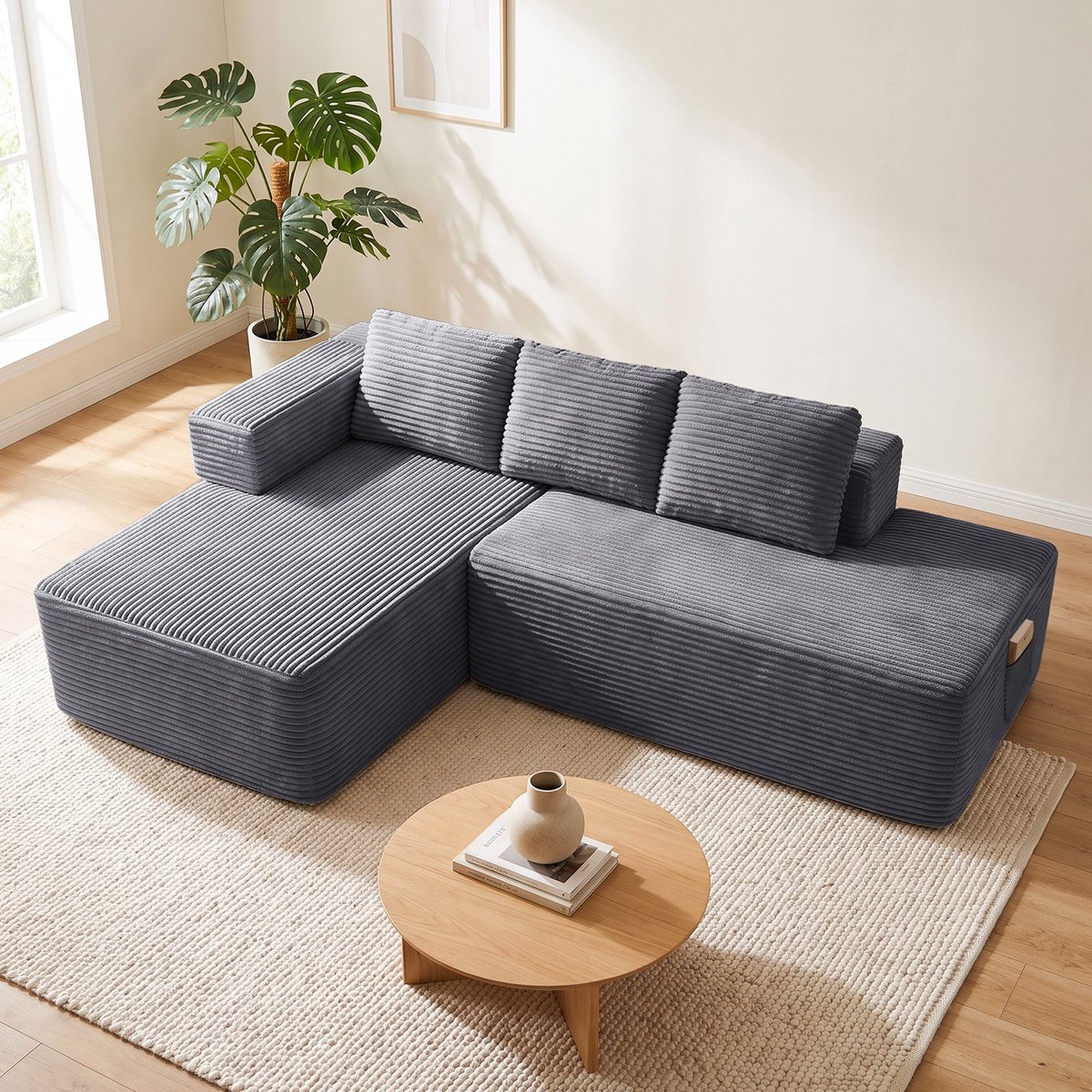 COMHOMA - Hoekbank 228 cm - Corduroy L-vorm met Slaapfunctie - Grijs-R