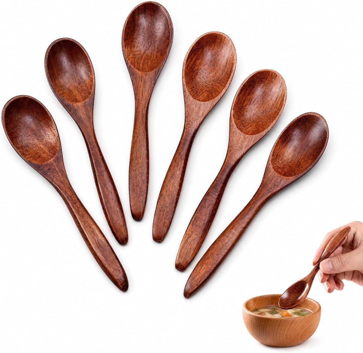 Soeplepel van Nanmu hout, 6 stuks, 14 cm, met de hand gepolijst, glad, gezond en, voor koken en eten