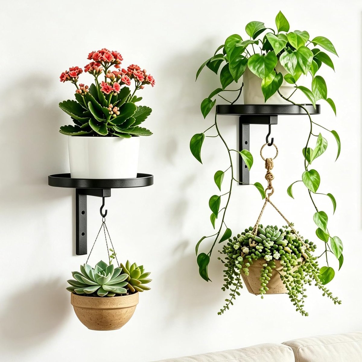 2 stuks wandhangende plantenstandaard muur met haken, bloemenstandaard voor buiten, decoratief plantenrek muur, bloemenrek, balkon, bloempot voor woonkamer, balkon en terras
