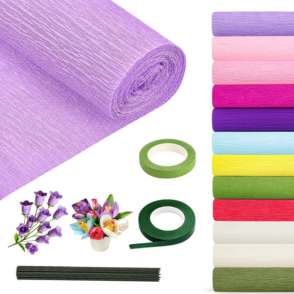Crêpepapier gekleurd 25x250cm 12 rollen crêpepapier DIY crêpepapierrollen met groen draad bloemenlint voor het maken van Valentijnsdag bloemen DIY bloemenpapieren knutselwerk