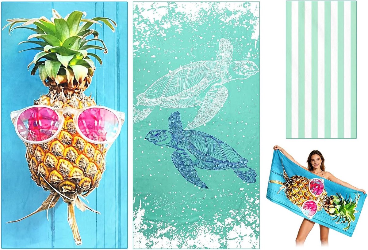2 stuks strandhanddoek, microvezel, 90 x 180 cm, lichte en sneldrogende strandhanddoek, zwembadhanddoek, grote maat, geschikt voor strand, sport, reizen, sauna, zwembad