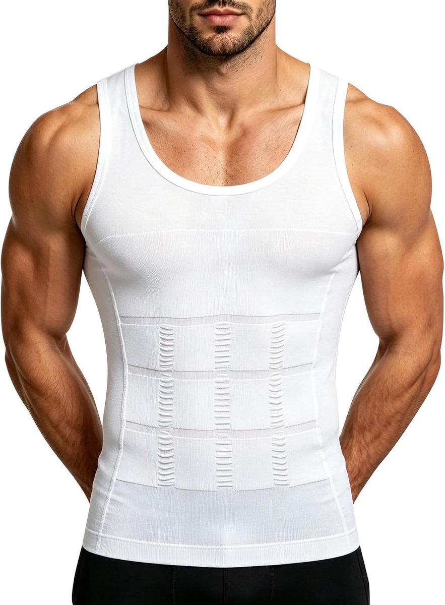 Afslankende bodyshaper vest, Herenshirt, corrigerend, Mannen Compressievest Afslankend, compressieshirts voor heren, buikcontrole ondershirts voor training,fitness, XXL wit