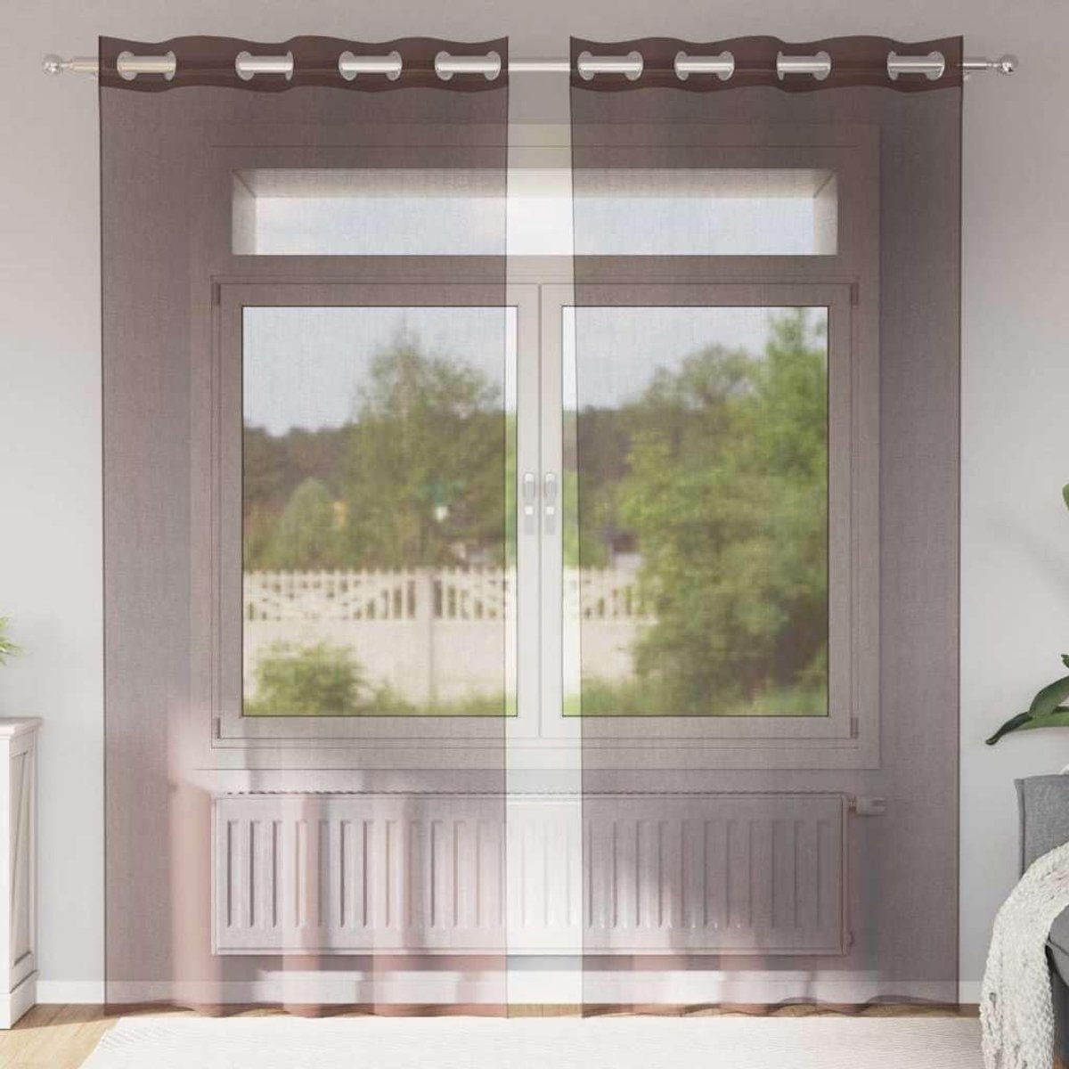 Gordijnen met ogen, 2 stuks, bruin, 140 x 245 cm, semi-transparante gordijnen van polyester voor daglichtregulering en inkijkbescherming, gemakkelijk te monteren met inslagringen, 2