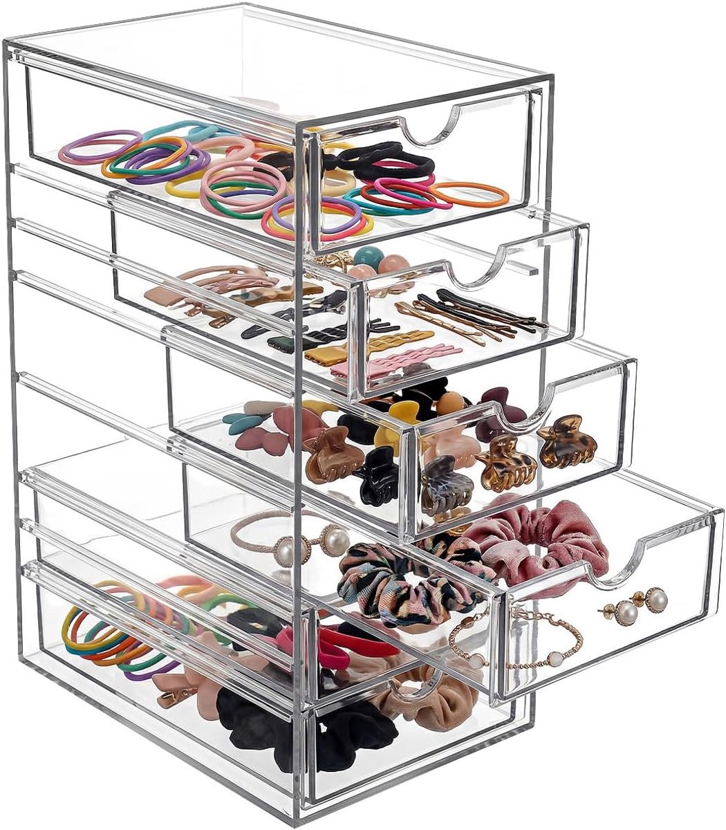 Opbergdoos met 6 vakken, acryl, stapelbaar, met laden, kaptafel, organizer, transparant, haaraccessoires, organizer met laden voor make-uptafel, cosmetica, schrijfwaren, theezakje