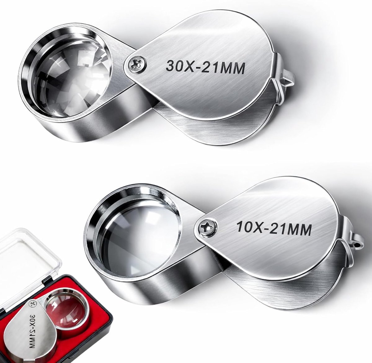 2 stuks 10X en 30X sieraden loep vergrootglas, opvouwbare handloep set voor detailcontrole van munten, sieraden, edelstenen en postzegels, compact voor onderweg