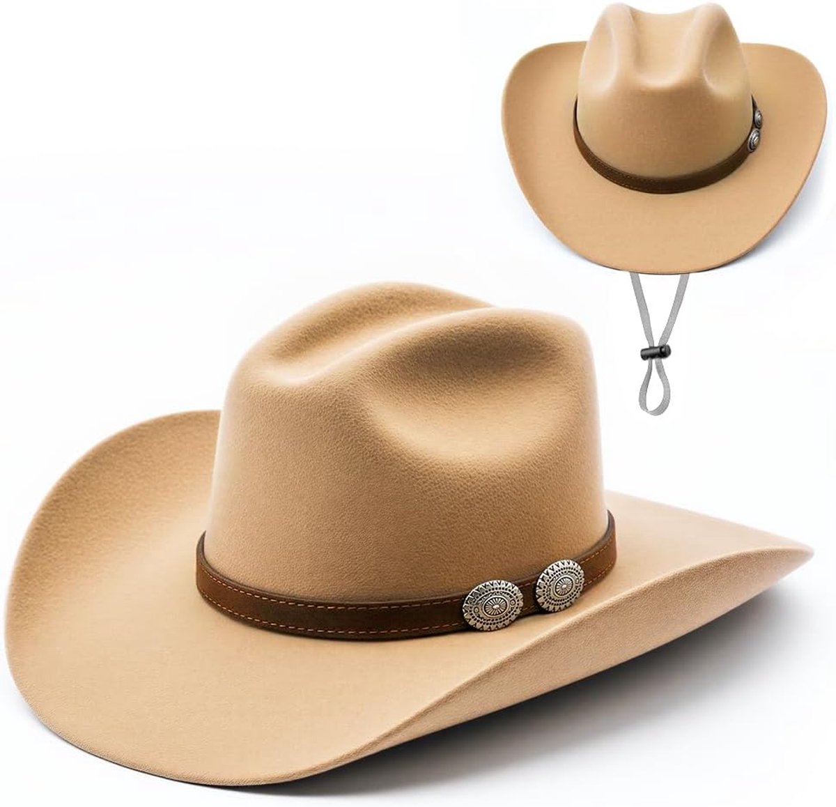 Cowboyhoed voor dames en heren van vilt, westernhoed met gesp, geborduurd design en brede rand, lichte Texaanse hoed voor carnaval, festivals, feesten en bescherming tegen de zon.