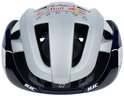 Voorkant van witte fietshelm met Red Bull Racing tekst, navy blauwe en blauwe patronen.