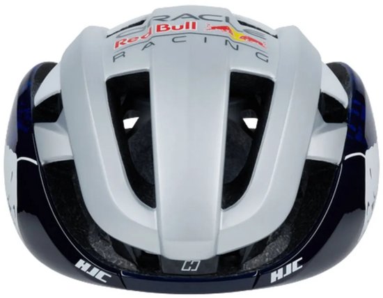 Voorkant van witte fietshelm met Red Bull Racing tekst, navy blauwe en blauwe patronen.