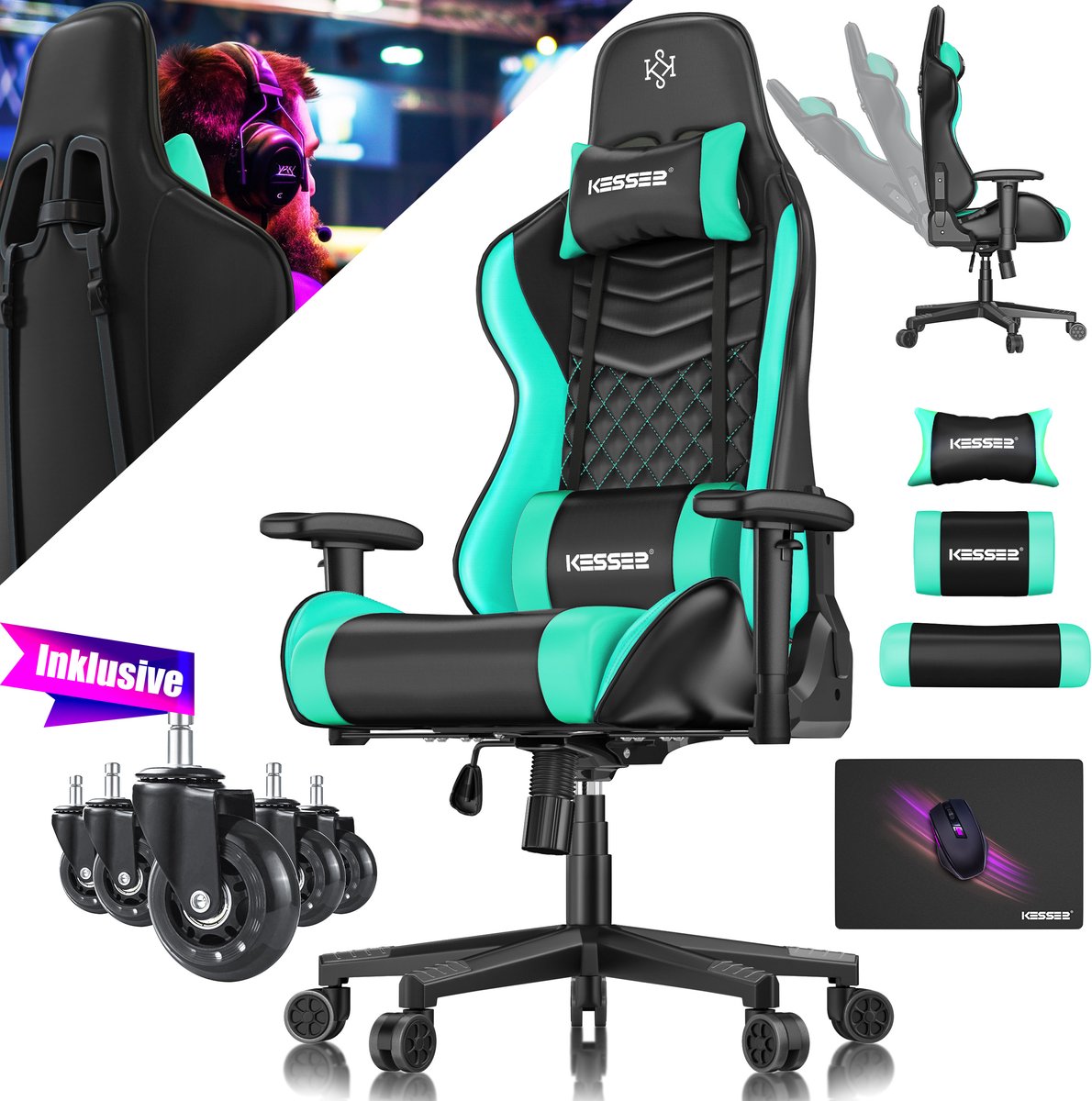 KESSER® Gamingstoel - ergonomisch met hoofdsteun en lendenkussen - 150 kg belastbaar - zwart/turkoois
