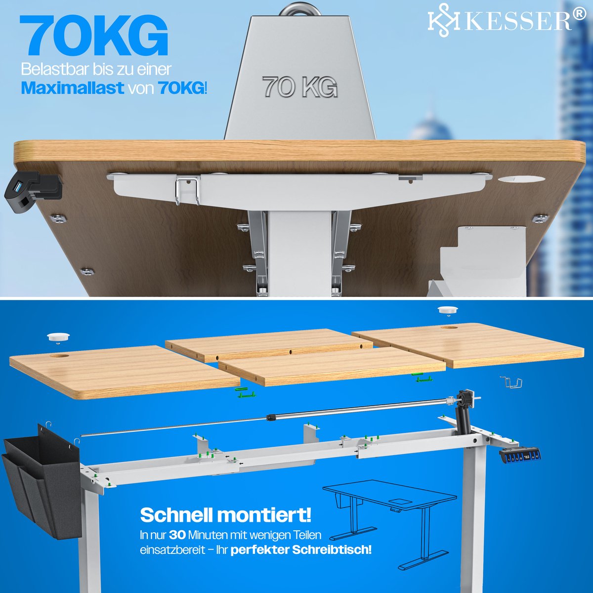 KESSER® Elektrisch zit-sta bureau - 3 geheugenstanden, USB-aansluiting en 360° wielen - Bruin 160 x 70 cm