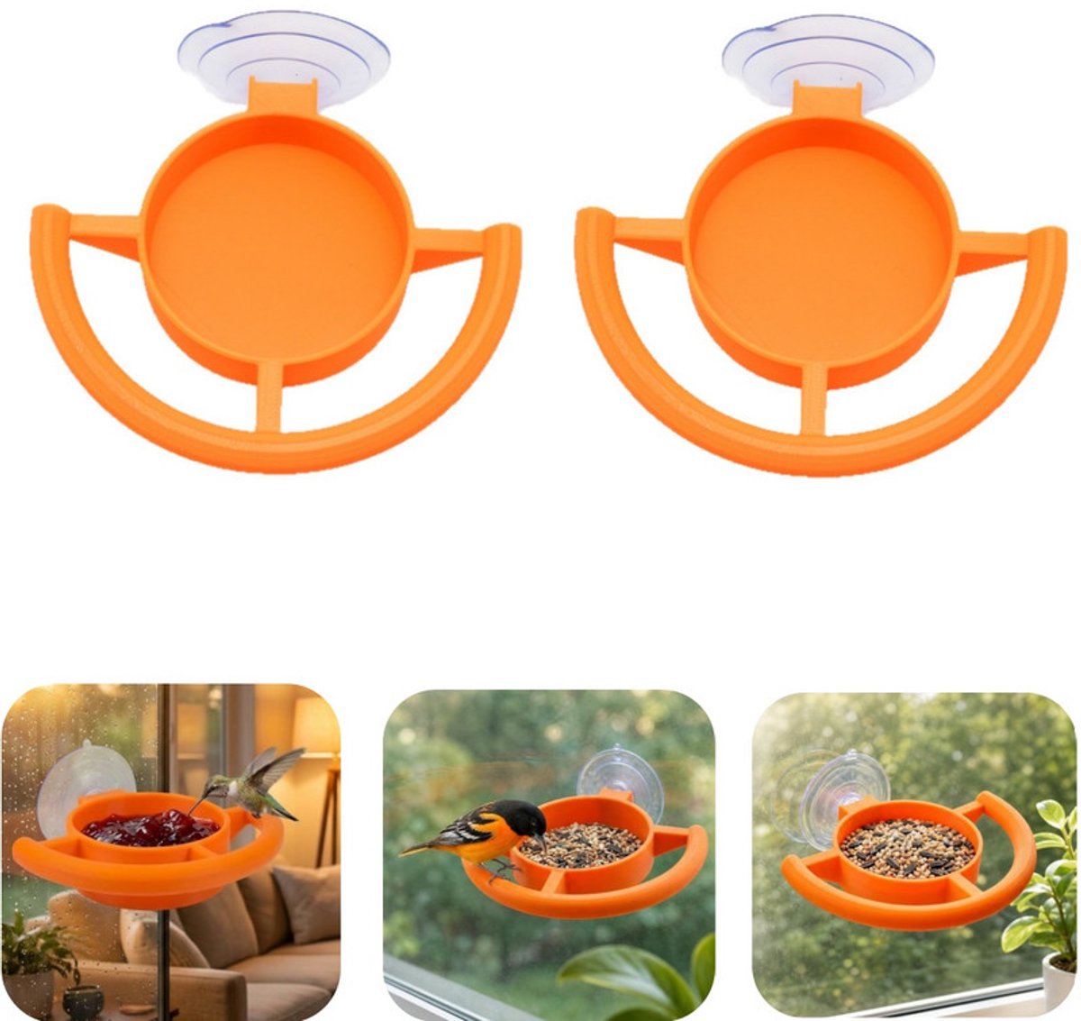 2 stuks vogelvoeder - Raamkozijn vogelvoeder - Vogel drinkfontein - Krachtige zuignap - Gemakkelijk te gebruiken - Makkelijk schoon te maken - Herbruikbaar - Outdoor accessoire - Geschikt voor raamkozijn, tuin, kleine vogels (oranje, 11,3*12,3cm)