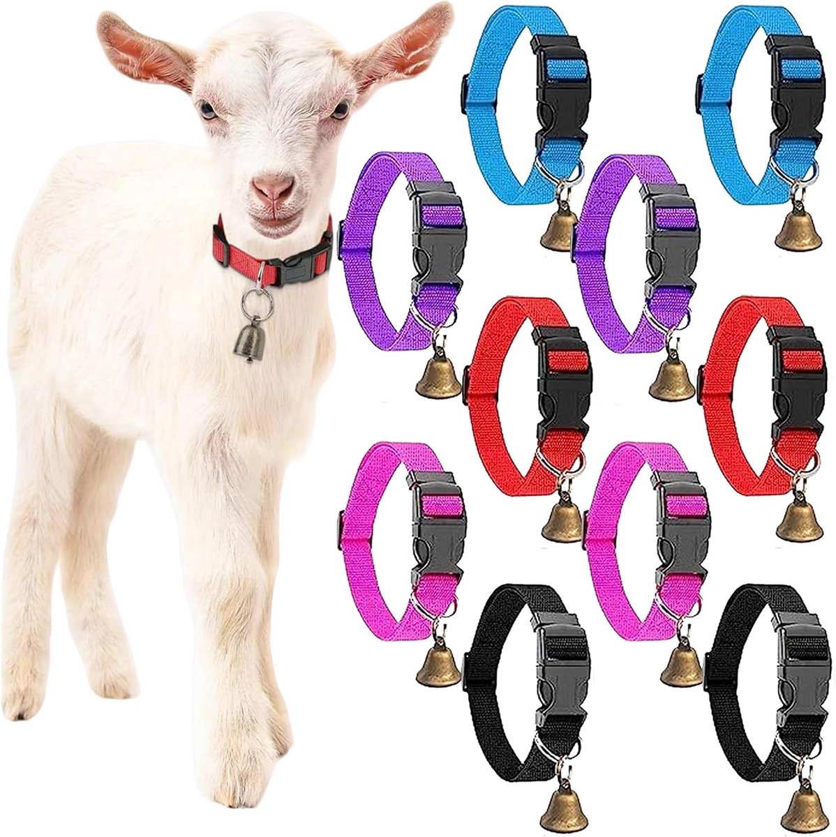Halsbanden, verstelbare nylon geitenhalsband met bel, schapenhalsbanden met bel voor puppyhalsband, kleine boerderijen, geitenschaap, met anti-verlieshalsband