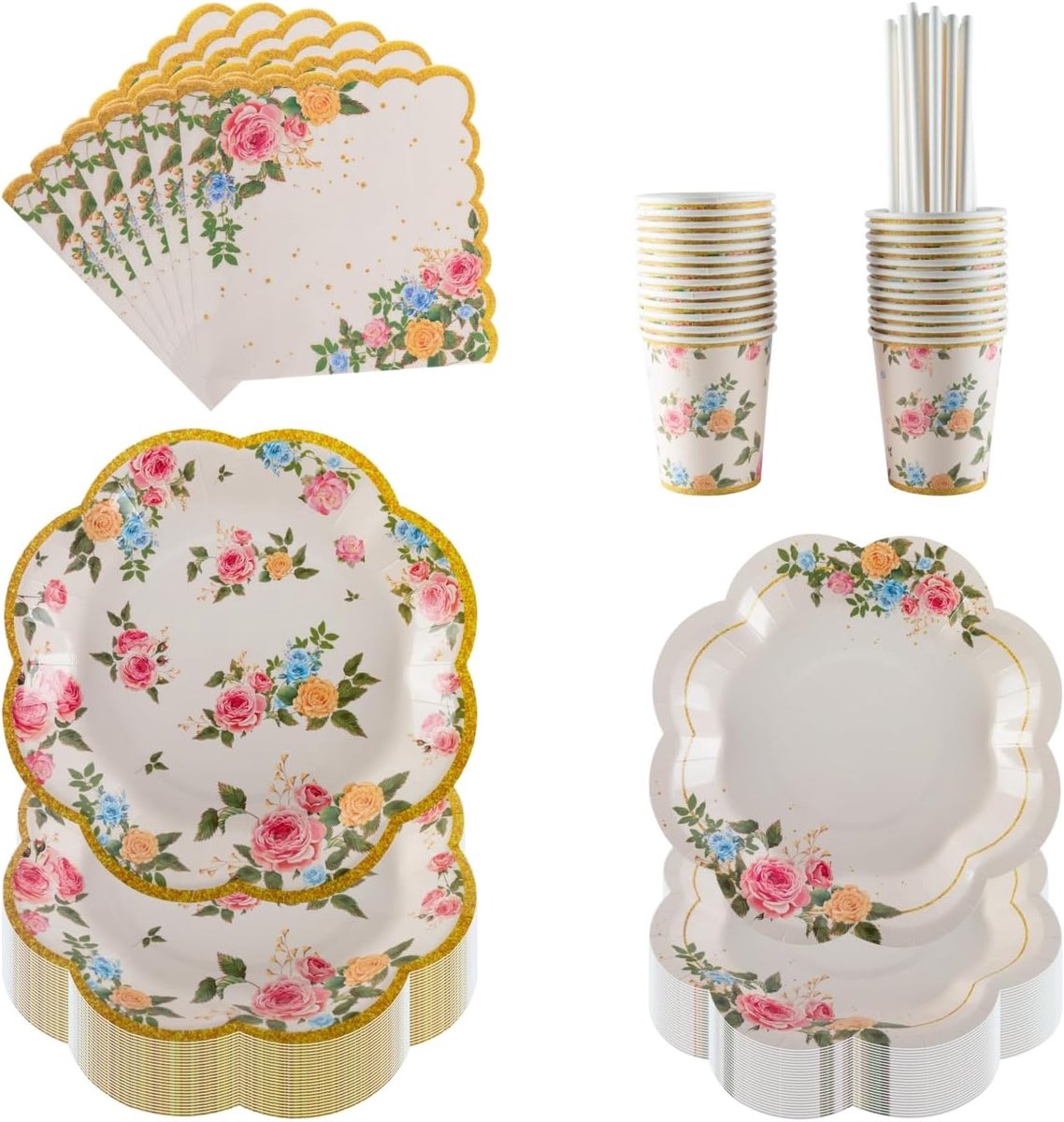 Bloemenfeestservies voor 25 gasten, inclusief papieren borden (17,8 & 22,9 cm), kopjes, servetten, rietjes, perfect voor middagtheefeestje, verjaardag, bruiloft, familiebijeenkomsten