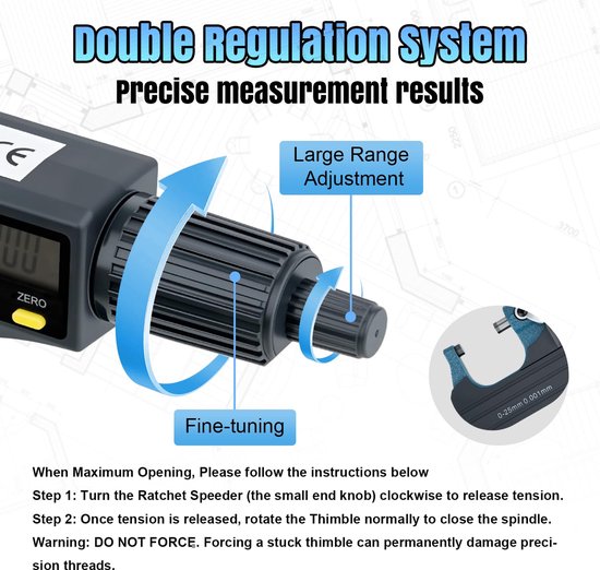 Digitale micrometer met hoge precisie, 0-25 mm/0,001 mm, hardmetalen kop, metrische/imperiale omzetting, professioneel meetgereedschap met lcd-display en etui — afbeelding 4