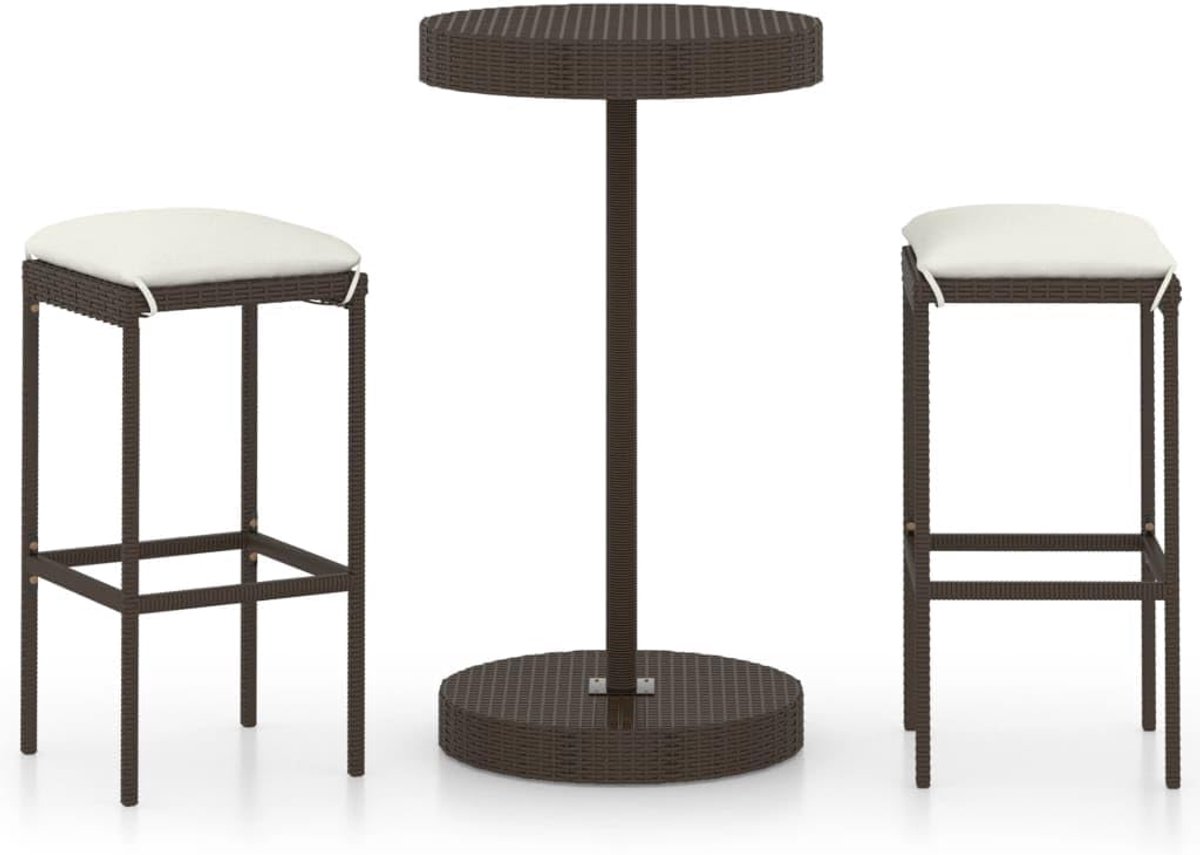 3-delige tuinbarset met kussens, polyrotan bruin, bartafel met stalen frame en rond tafelblad, 2 krukken met stalen frame en PE-rotan, afneembare kussensloop van polyester