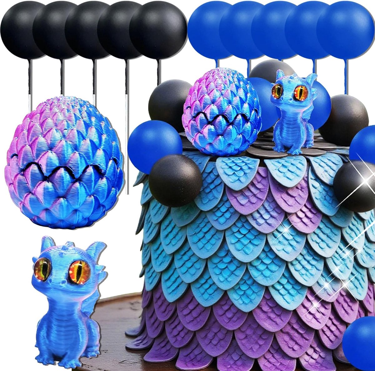 Fantasy draken cakedecoratie drakeneieren blauwe en zwarte ballen