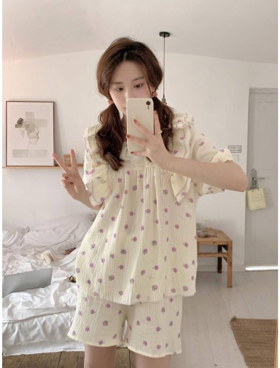 Loungewear-Set Met Vierkante Kraag Voor Dames - Lente Zoet En Lieflijk Perzikkant Homewear Nachtkleding