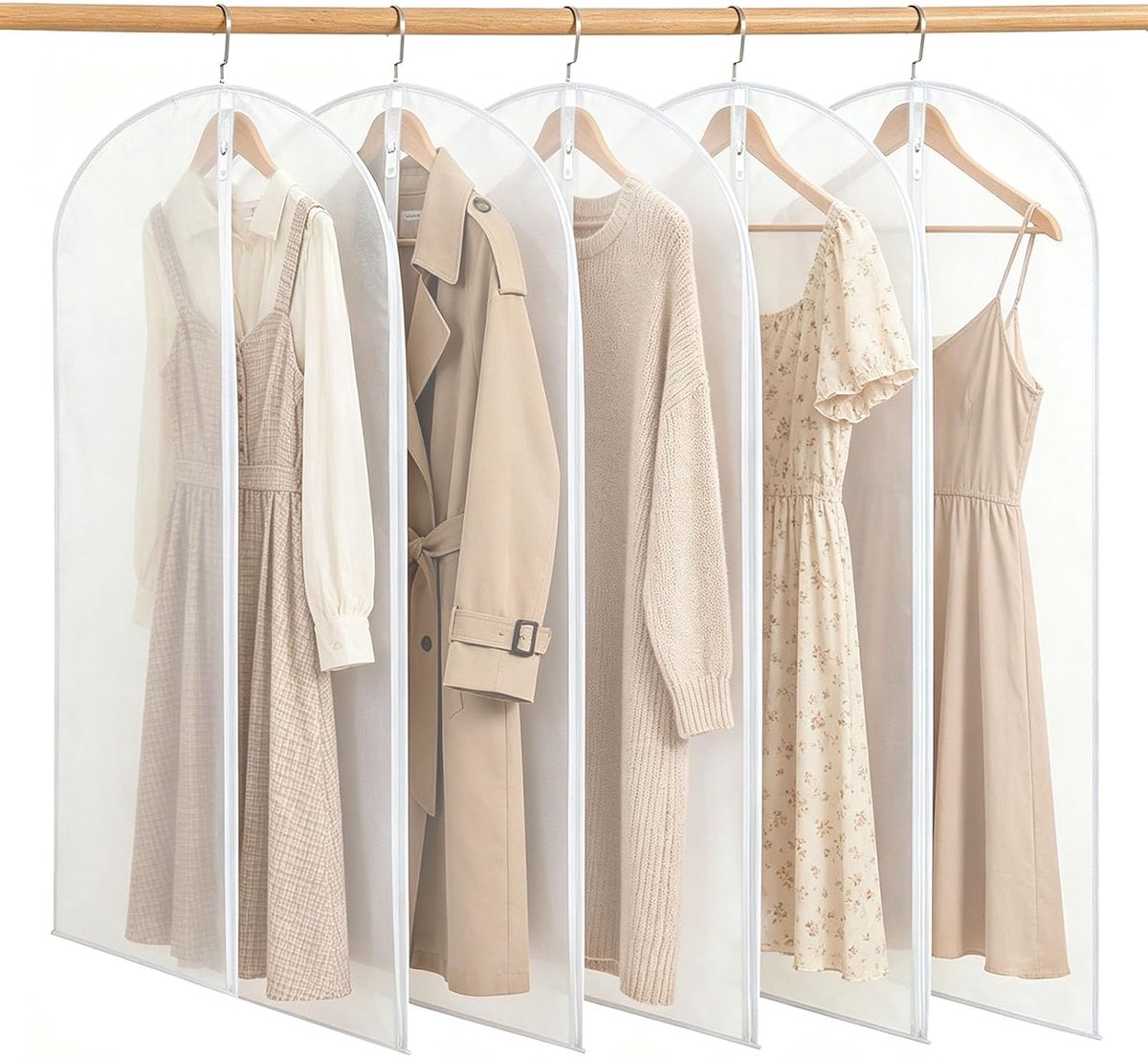 5 stuks lange reishoezen voor dames, met ritssluiting, PEVA, stofdicht en wasbaar, 60 x 140 cm, kledinghoezen, transparant, pakzakken met ritssluiting, beschermende kleding