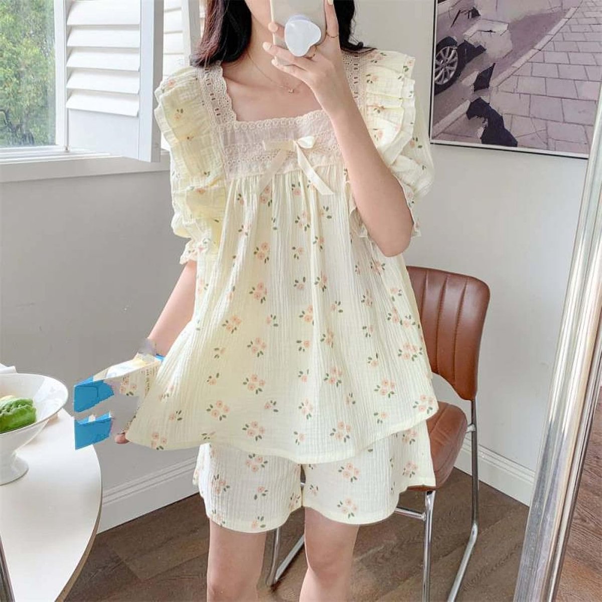 Vierkante Kraag Loungewear Set - Zomer Zoete Bloemen Kleine Frisse Prinses Stijl Homewear Nachtkleding,Mode Losse Korte Mouw Gezellige Mooie Pyjama Stijlvol Sleepshirt Zusters Outfit,Foto Kleur