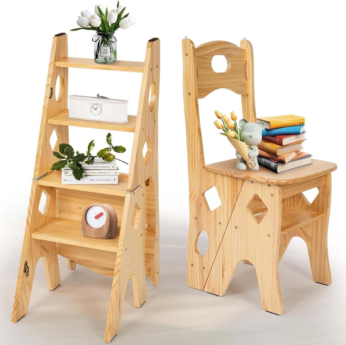 Bimiti Vouwstoel boekenstoel klapstoel hout vouwstoel 4 treden klapstoel tot 180 kg bloemensteun multifunctionele kruk boekenkruk