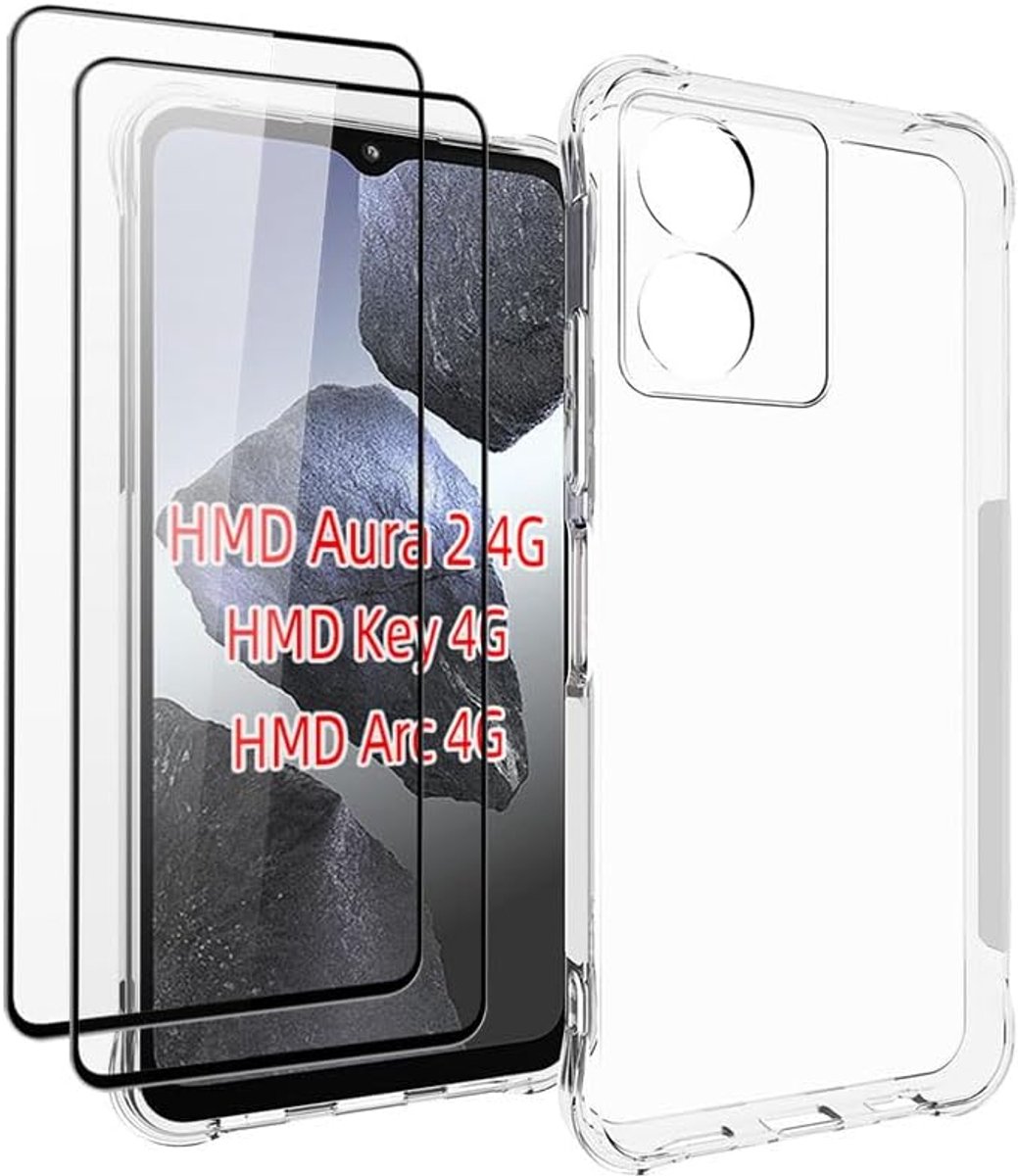 Compatibel met HMD Aura 2/HMD Key/HMD Arc 4G, Ultradunne Beschermhoes Zacht TPU Clear Case met 2 Pack Screen Protector Folie