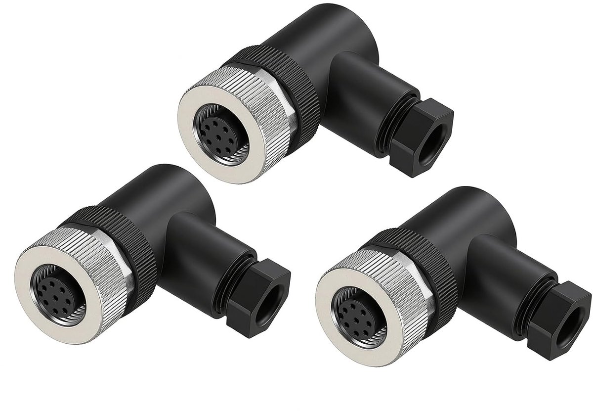 8 Pin Connector Waterdichte Elektrische A-Code Onafgeschermde Veldassemblage Draadbare Sensor Quick Connect Connector 90 Graden Vrouwelijke Plug Ontkoppel Koppeling 3 Pack