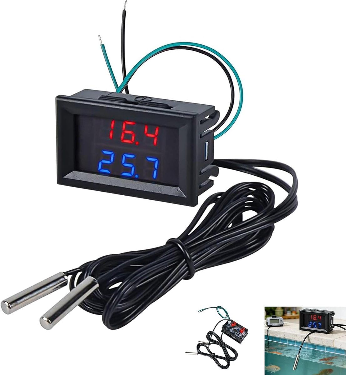 Digitale led-thermometer, dubbel display, led-temperatuurtester met 2 waterdichte sondes DC 4-28 V, bereik -55 °C tot +120 °C, digitale thermometer, waterdicht, voor aquarium, koelkast, broedmachine