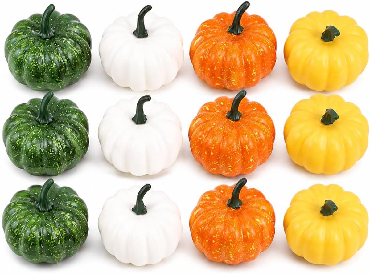 12 stuks kunstmatige pompoenen, 8,5 x 4,5 cm, pompoen, herfstdecoratie, kunstpompoenen schuim, levensechte pompoen voor herfst, Halloween, thuis, feest, keuken, bruiloftsdecoratie
