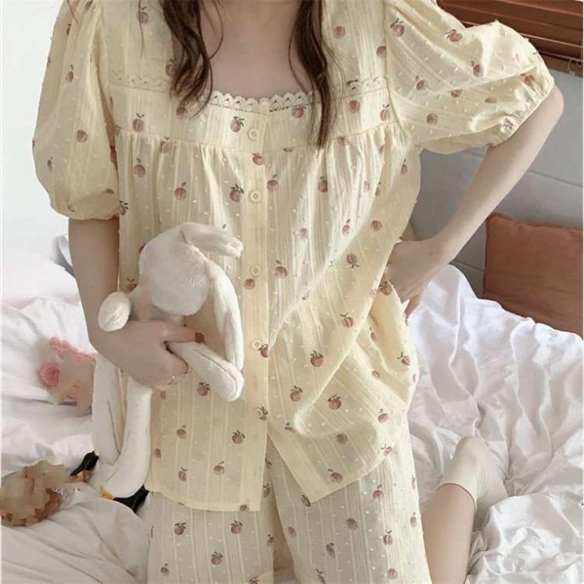 Dames Pyjama Met Vierkante Hals - Dames Sweet And Cute Lace Peach Print Loungewear Set, Mode Lace Collar Button Up Cardigan Nachtkleding Short Sleeve Shorts Homewear Tweedelige Set, Afbeelding