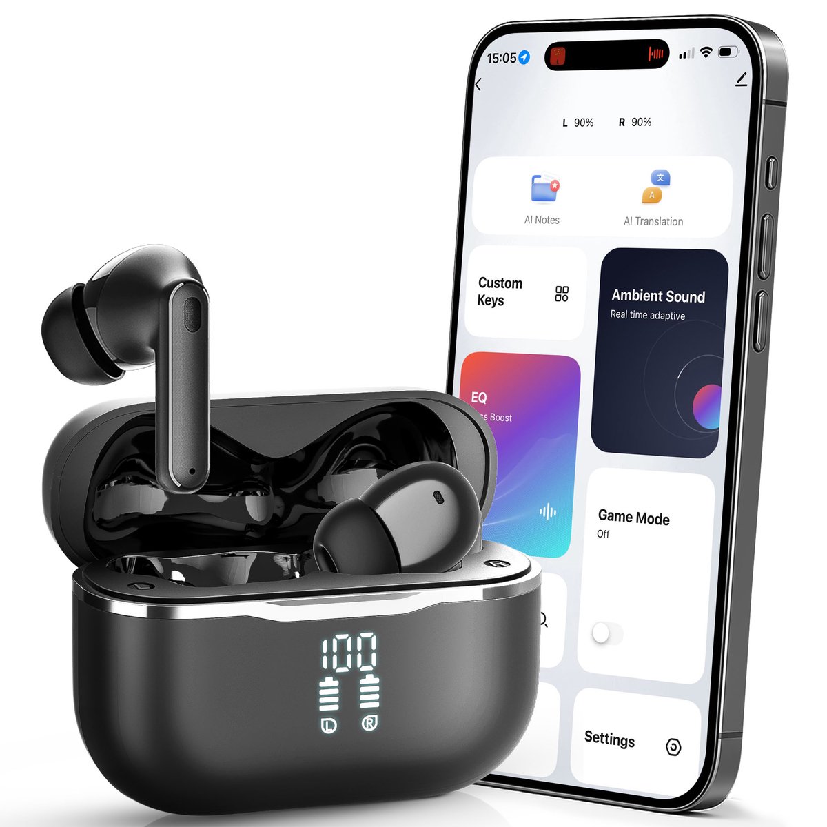 Siltcon® SoundWave Ultra - Oortjes Draadloos - Draadloze Oordopjes - Bluetooth Oordopjes – True Noise Cancelling ANC + ENC - BT 6.0 – Universeel – Tot 50 Uur Batterij - LED Display – 6 Mic - Met APP Voor Instellingen - Geschikt voor iOS en Android