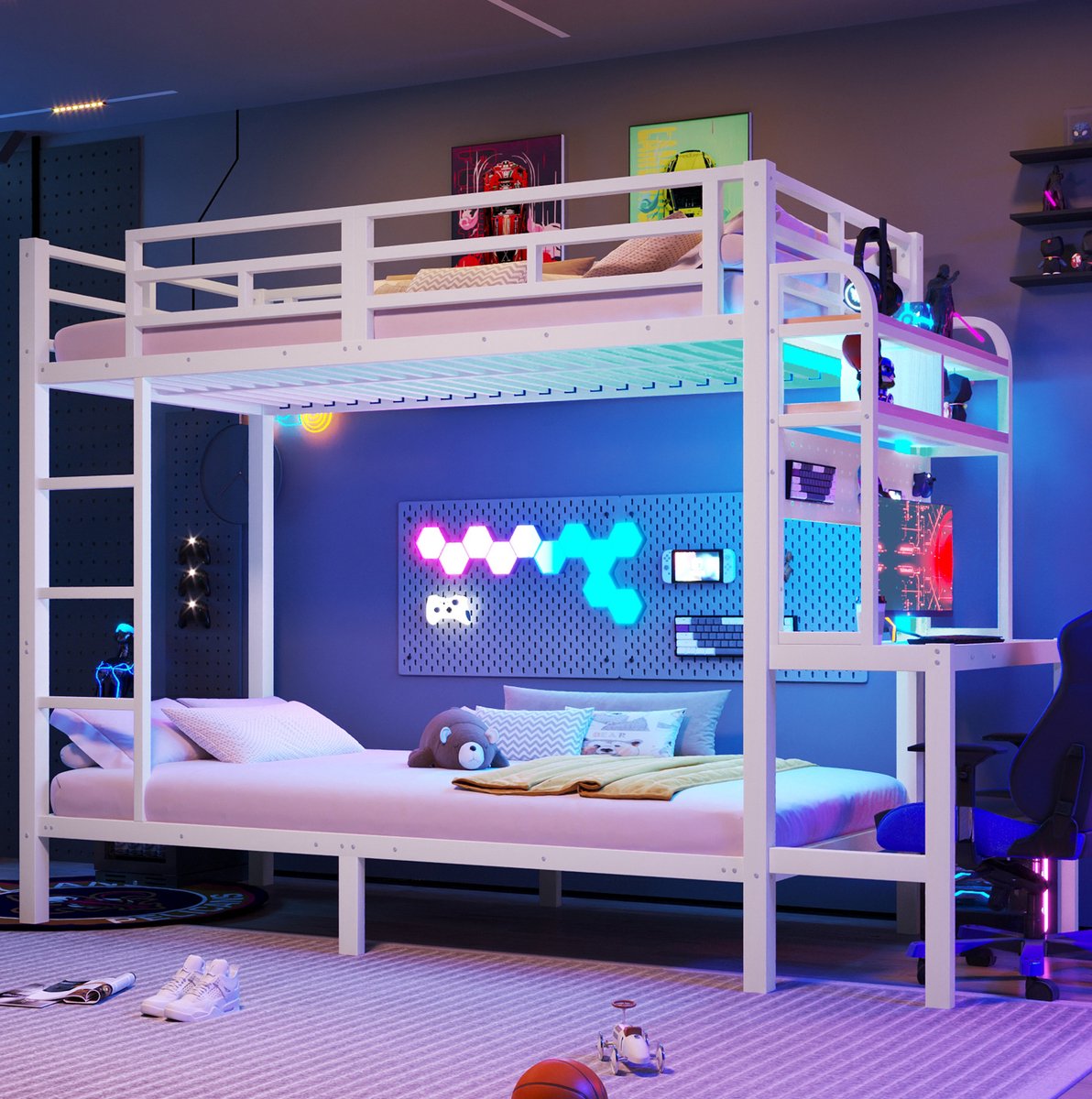 DESMIU Stapelbed 90 x 200 cm - Bureau Met Opbergvakken, LED en USB - Veiligheidsrails en Ladder - Kinderkamer - Metaal en MDF - Wit - Zonder Matras