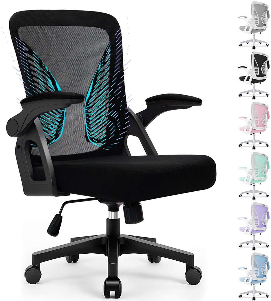 Durrafy Ergonomische Bureaustoel – Met Lendensteun en Ademend Mesh – Bureaustoelen voor Volwassenen – 90° Opklapbare Armleuningen – Stille Wielen – Tot 130 kg – Voor Thuiswerken en Kantoor – Zwart