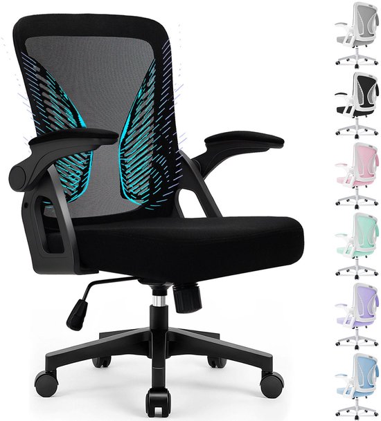 Zwarte ergonomische bureaustoel met mesh rugleuning en opklapbare armleuningen. Naast de zwarte stoel zijn andere kleuren zichtbaar: grijs, wit, roze, mintgroen, paars en blauw.