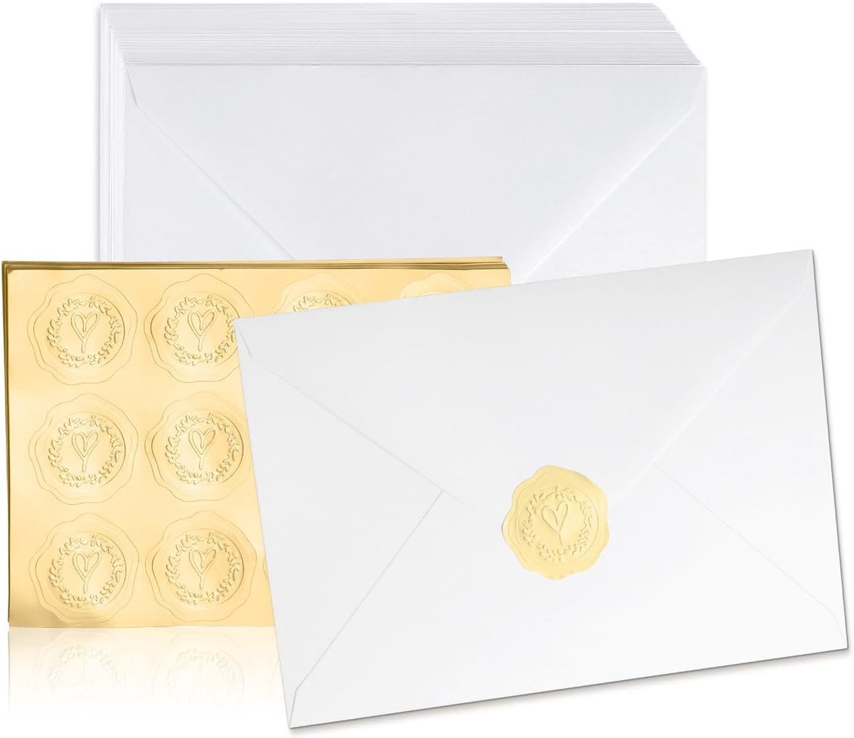 50 stuks A7-papieren enveloppen met 60 gouden stickers, 12,4 x 17,3 cm V-flap-uitnodigingsenveloppen, witte - ShopVlot
