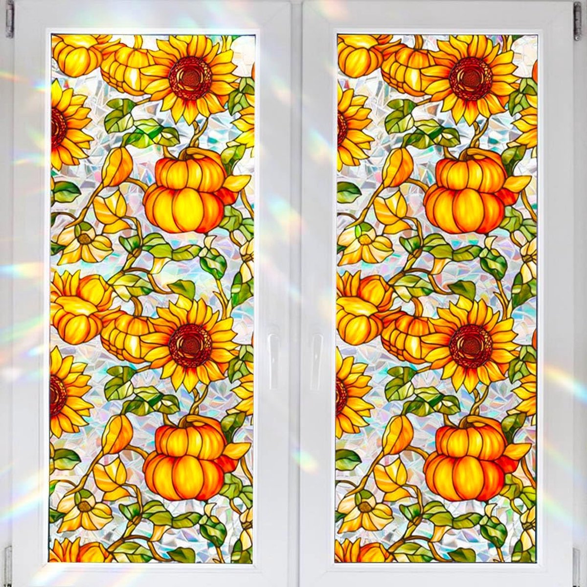 SNQ Statische Raamfolie met Geel Pompoenmotief - 43x100 cm - Zonder Lijm - Privacyfolie en Warmtewerende Raamdecoratie - Glas-in-Lood Look - Voor Badkamer, Woonkamer en Keuken - Herbruikbaar