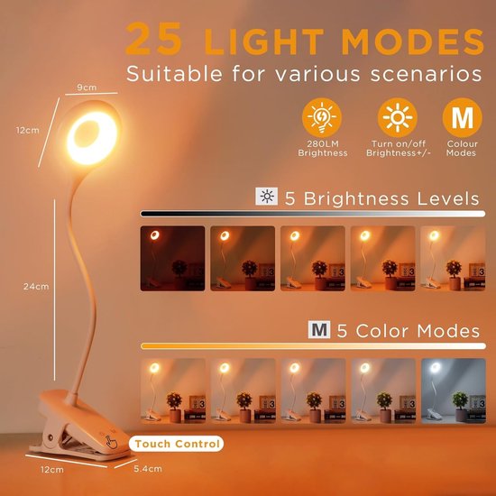 3W leeslamp met klem, type C opladen, 5 kleuren en 5 intensiteiten, touch-bureaulamp, werkt op batterijen, nachtlampje om te lezen, wit [Energieklasse A+] van Merkloos — afbeelding 5