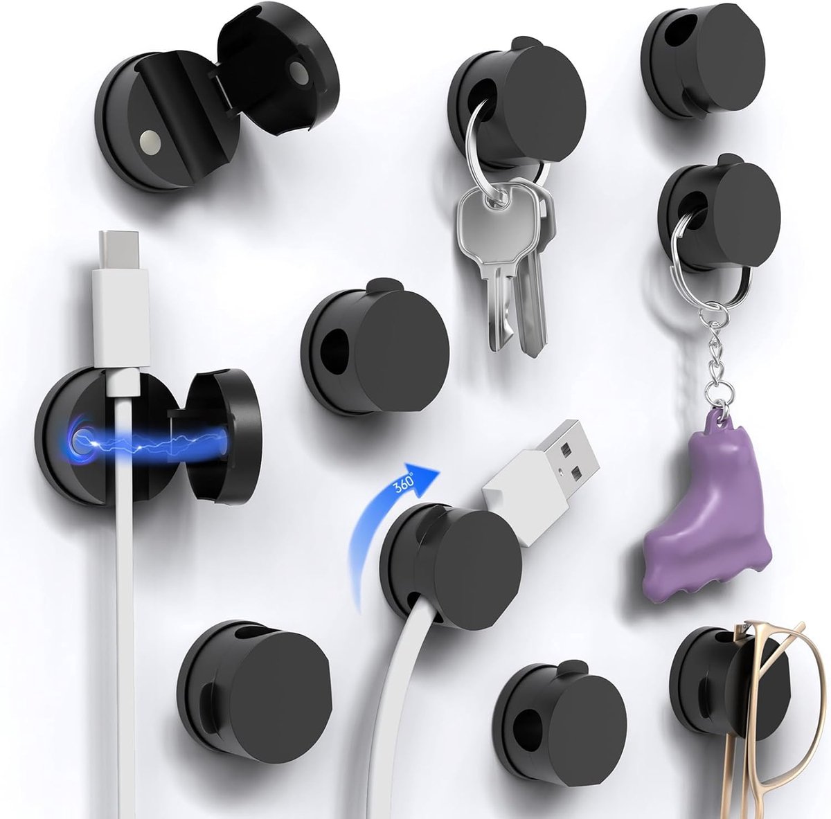 SnelShoppen - 10 Stuks Kabelhouders Kabelclips - 360° Rotatable Magnetische Zelfklevende Kabelorganizer voor Bureau, Wand, Telefoon, Thuis, Kantoor, A