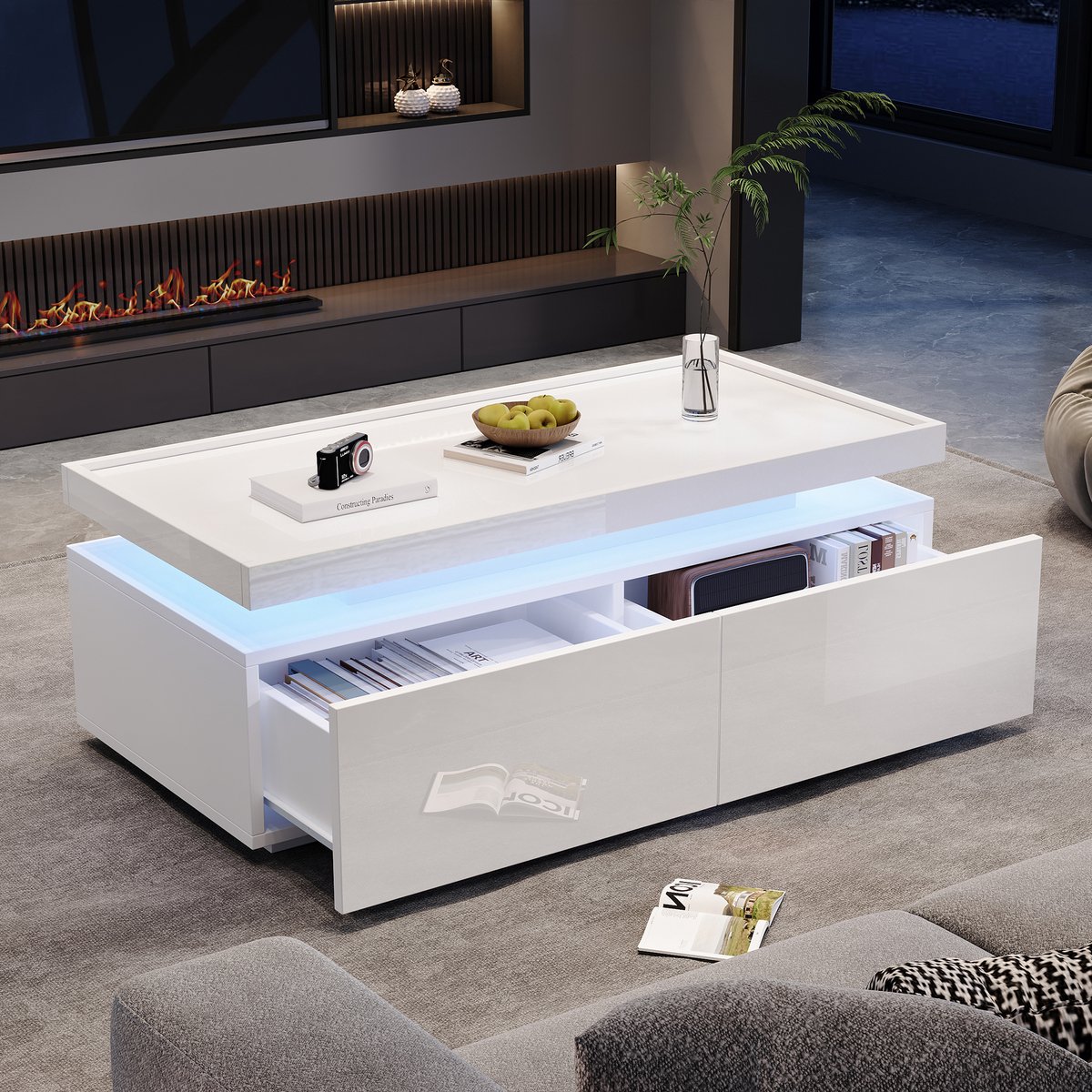 MUVANO Salontafel Wit Hoogglans - Salontafel Met LED Verlichting - Salontafel Met 2 Lades - Moderne Salontafel - 95x45x35 cm - App Bediening - Woonkamer Wit