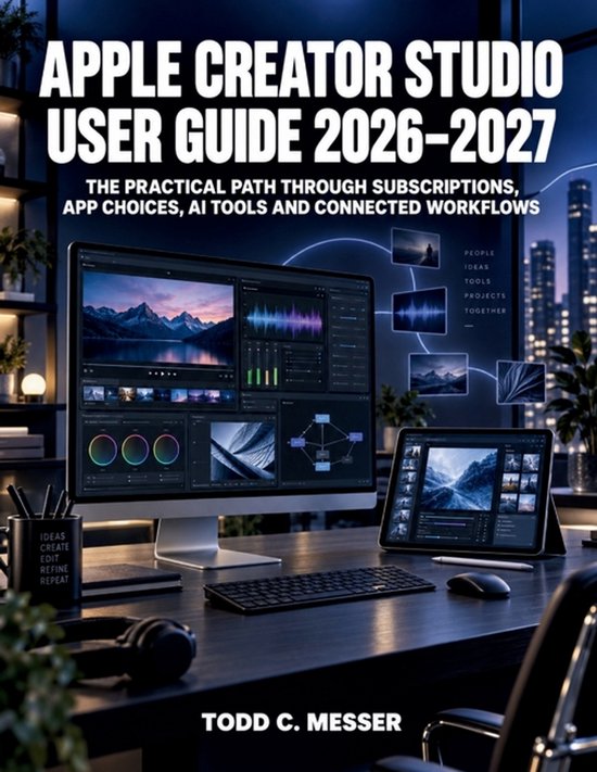 Couverture de livre Apple Creator Studio User Guide 2026-2027 avec un bureau équipé d'un moniteur, d'un iPad et d'accessoires.