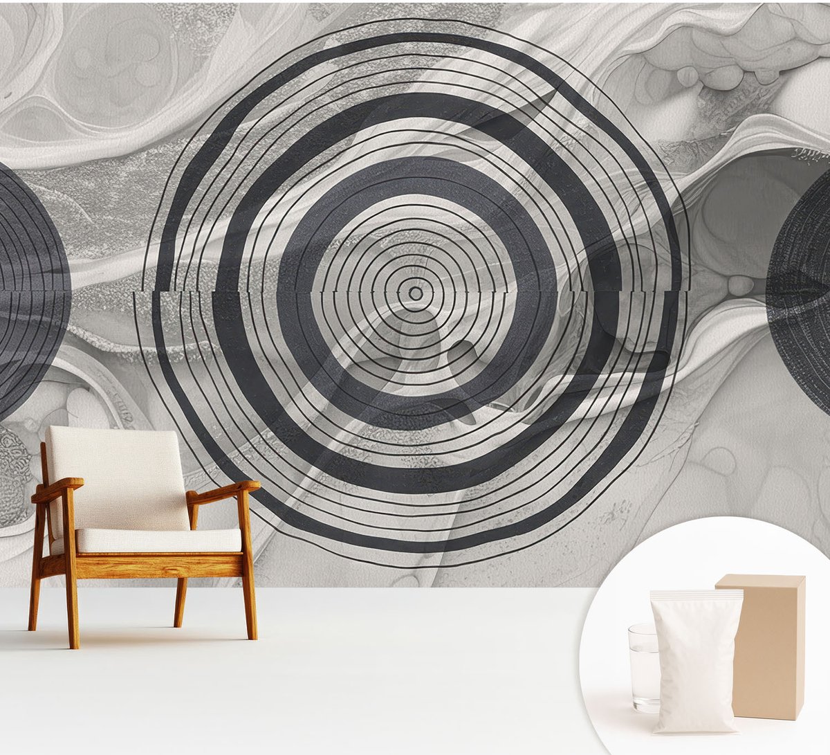 Wallfluent Fotobehang - Zwart-Wit Vliesbehang - 312x219 cm - Grijze Cirkels Fotobehang Vlies - Hal behang Abstractie - Muurschildering - Hal behang