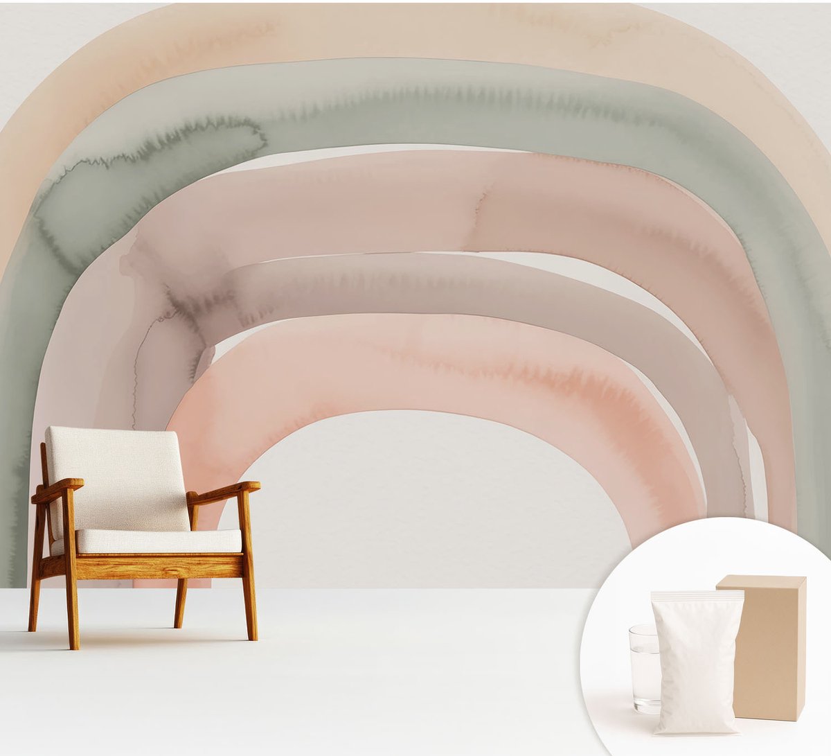 Wallfluent Fotobehang - Beige Vliesbehang - 312x219 cm - Regenboogbogen Muurschildering - Slaapkamer behang Abstractie - Fotobehang Vlies - Slaapkamer behang