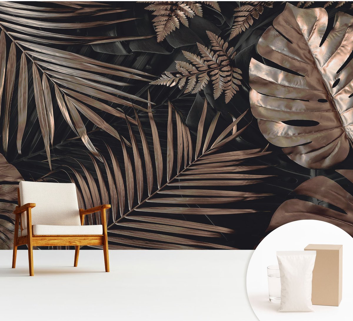 Wallfluent Fotobehang - Zwart Vliesbehang - 312x219 cm - Exotische Bladeren Muurschildering - Slaapkamer behang Bloemen En Planten - Fotobehang Vlies - Slaapkamer behang
