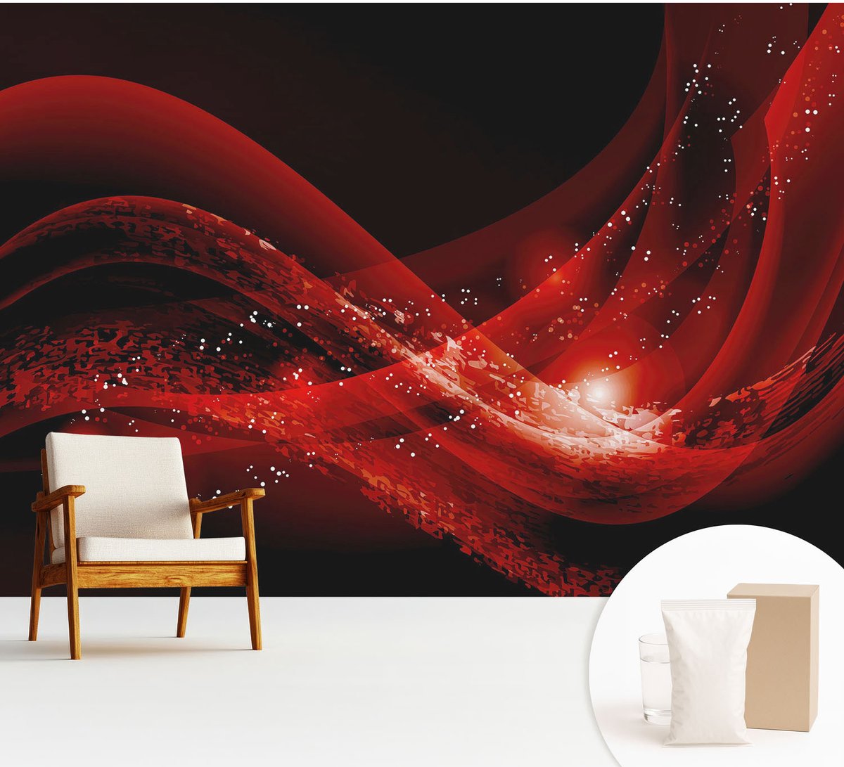 Wallfluent Fotobehang - Zwart Vliesbehang - 312x219 cm - Rode Vortex Fotobehang Vlies - Hal behang Abstractie - Muurschildering - Hal behang