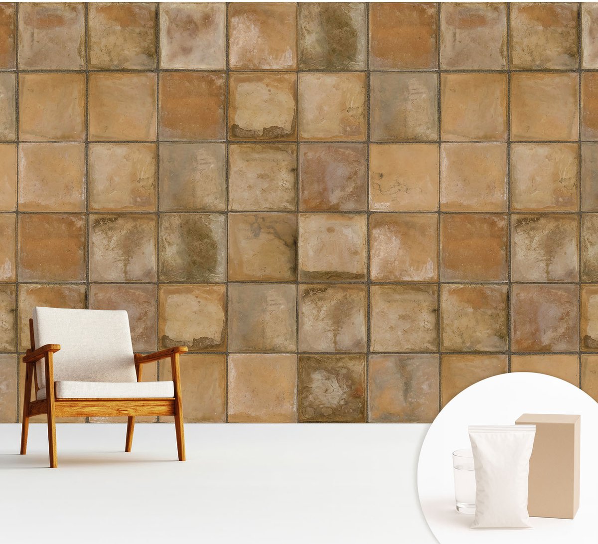 Wallfluent Fotobehang - Bruin Vliesbehang - 312x219 cm - Rustiek Mozaïek Fotobehang Vlies - Woonkamer behang Achtergronden En Patronen - Muurschildering - Woonkamer behang