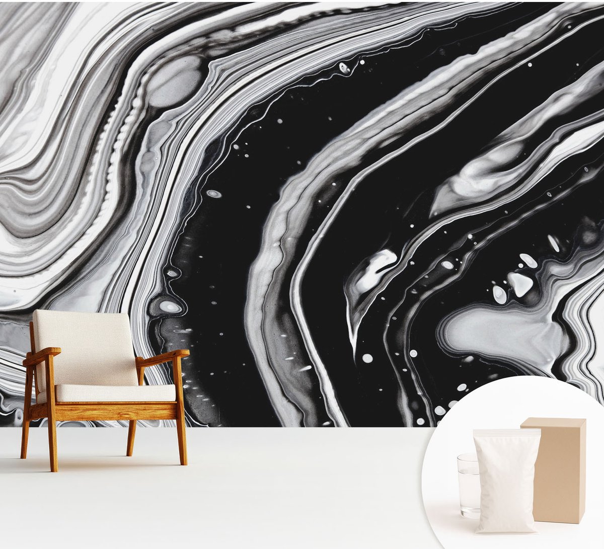 Wallfluent Fotobehang - Zwart-Wit Vliesbehang - 312x219 cm - Monochromatische Golven Muurschildering - Slaapkamer behang Abstractie - Fotobehang Vlies - Slaapkamer behang