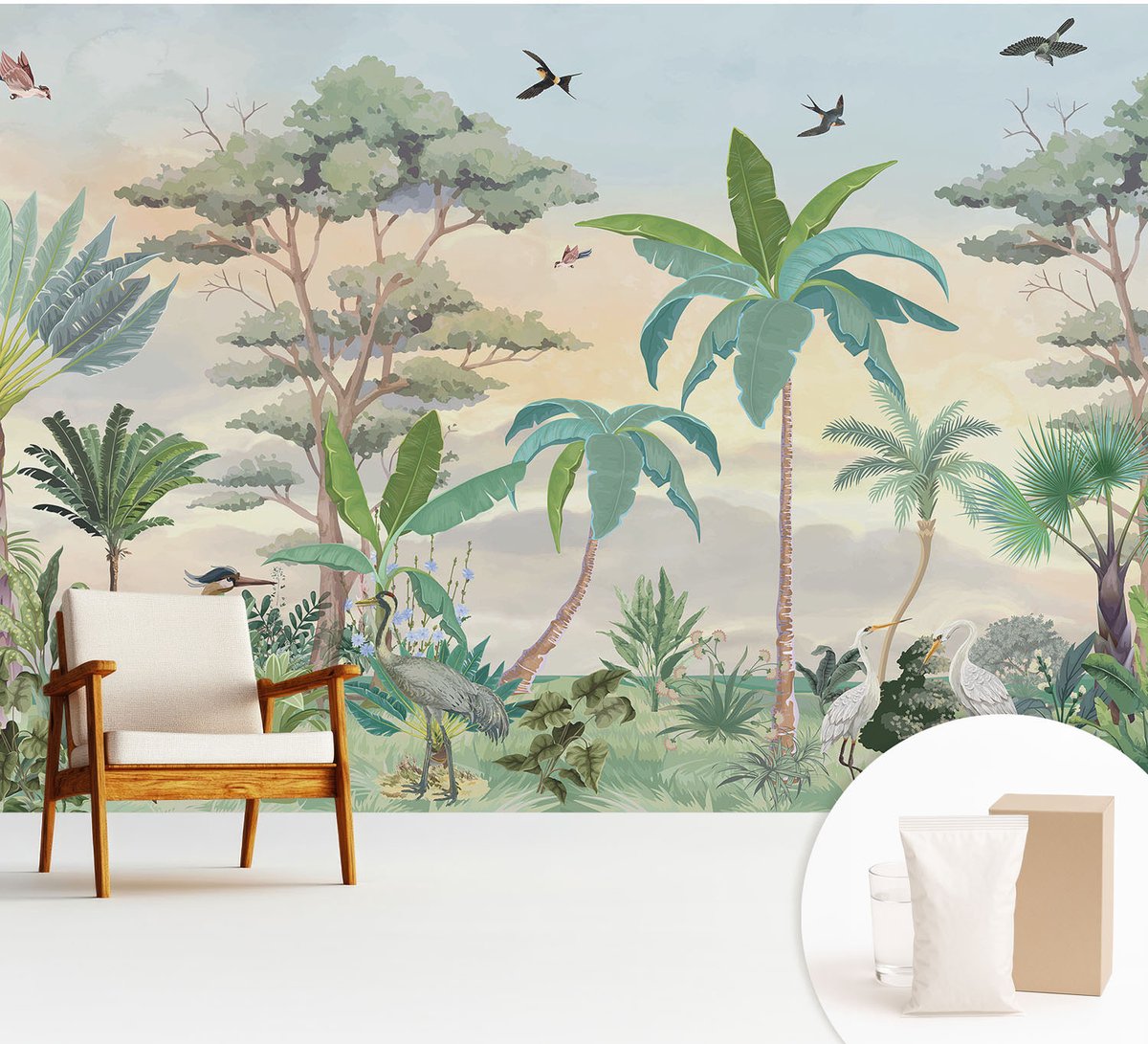 Wallfluent Fotobehang - Zwart Vliesbehang - 312x219 cm - Exotische Flora Muurschildering - Gang behang Bloemen En Planten - Fotobehang Vlies - Slaapkamer behang