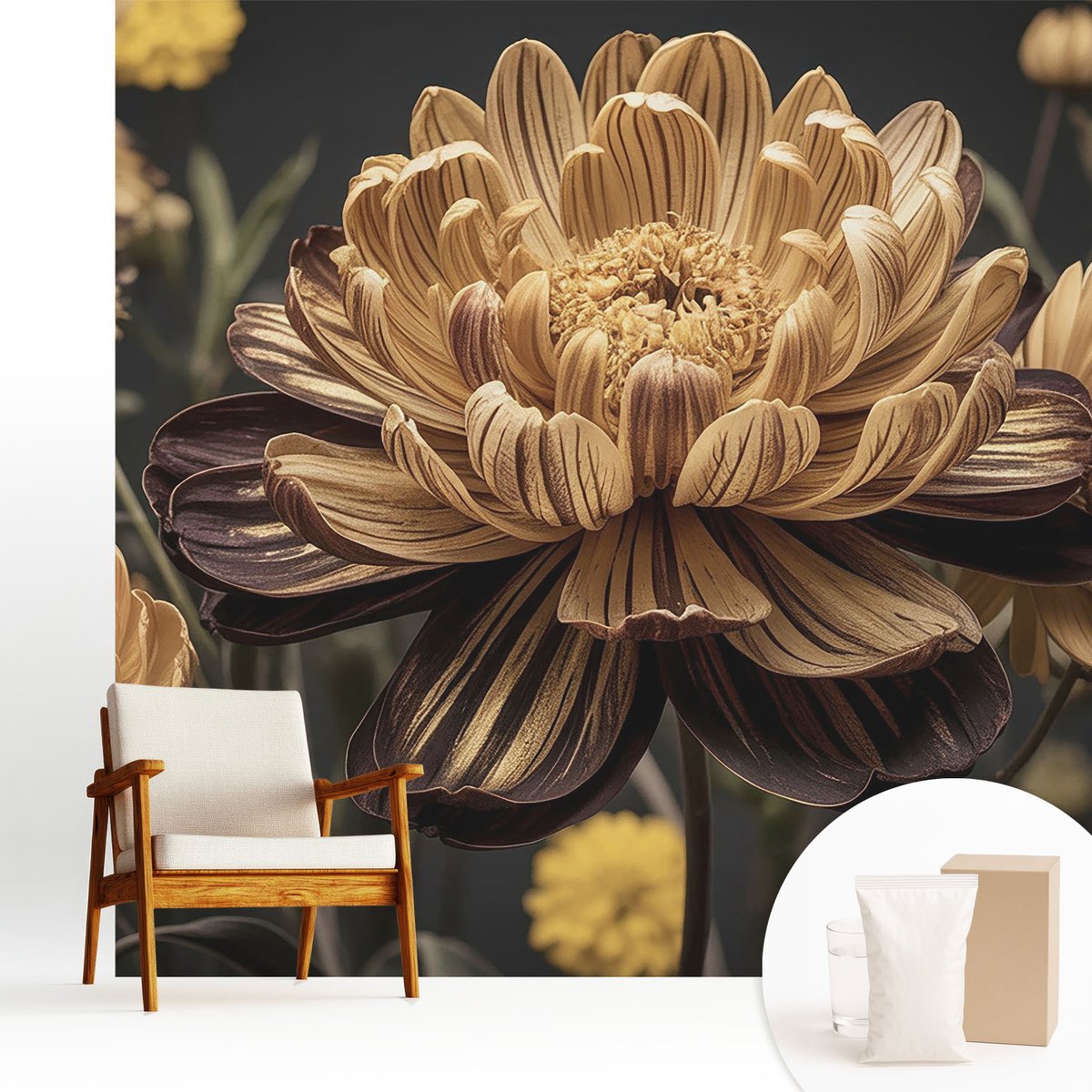 Wallfluent Fotobehang - Grijs Vliesbehang - 250x250 cm - Bloemige Elegantie Fotobehang Vlies - Hal behang Bloemen En Planten - Muurschildering - Woonkamer behang